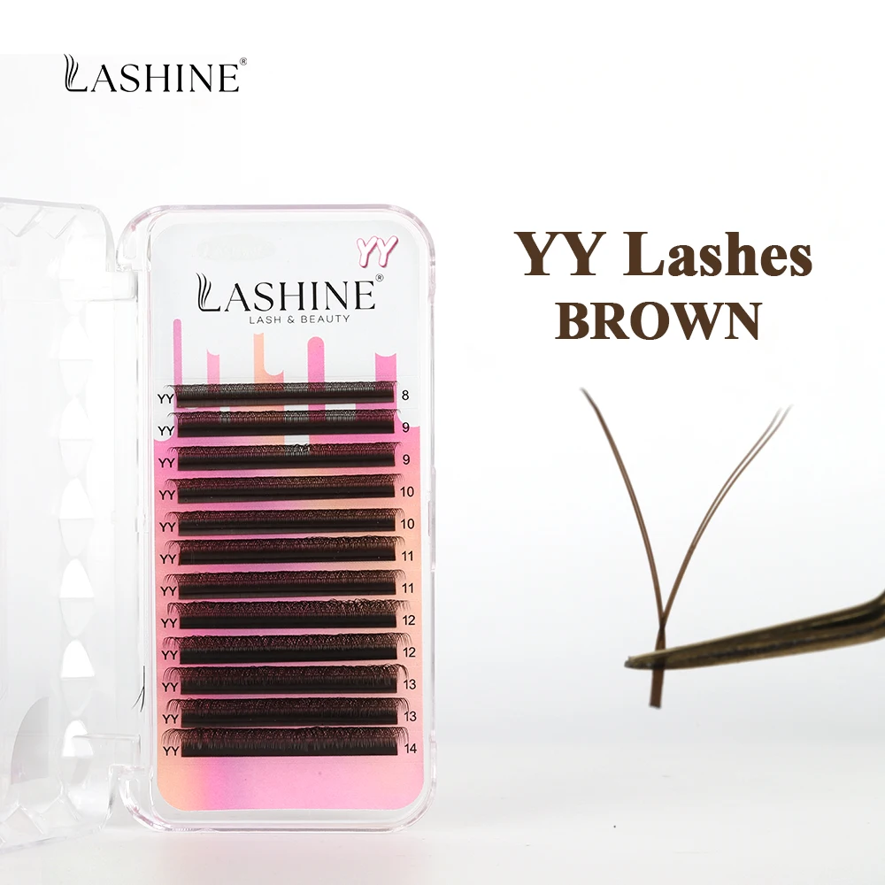 Lashine YY-Shaped Eyelash Extensions Brown 0.07mm D Curl Mix Volume Lashes W for Eyelash Professionals