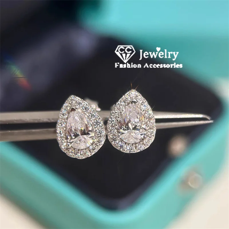 Water Drop Stud Earrings For Women White Zirconia Stone Fine Jewelry Brincos 925 Silver Needle Fashion Accessories E051