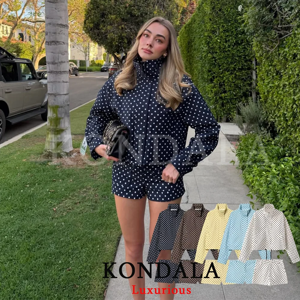 KONDALA Casual Polka Dot Women Suits Oversized Bomber Jackets Mini Shorts Fashion 2026 Spring Summer Y2K Girl Holiday Beach Set
