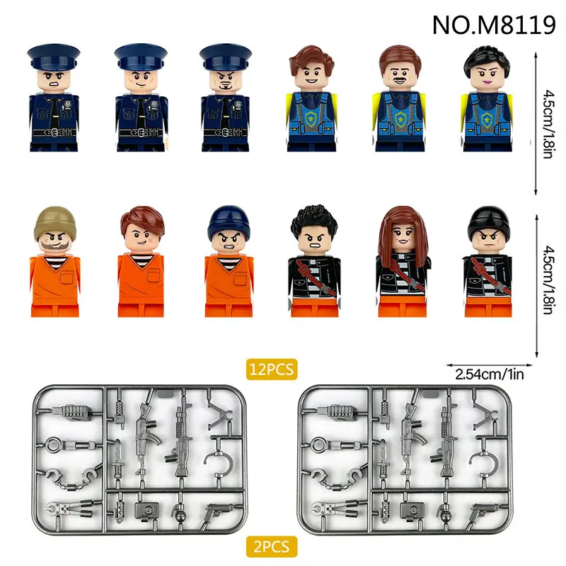 12Pcs Modern City Policeman  minifigures Building Blocks eapons Tactics Army action figure Kids Assemble SWAT Mini Bricks Toys