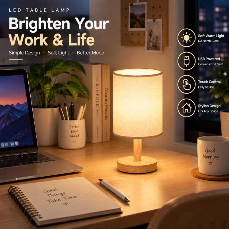 Minimalist USB LED Desk Lamp Fabric Lampshade Table Light Night Lamp for Bedroom Living Room Bedside Office Home Decor Lighting