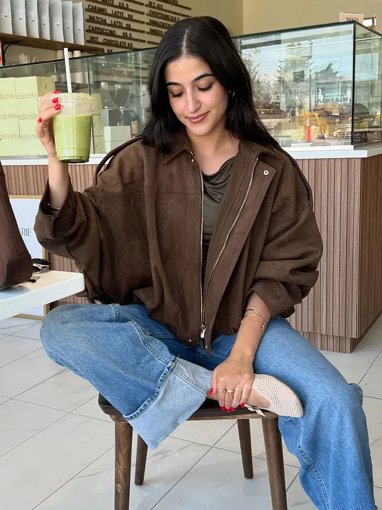 HH الخريف المرأة فضفاضة عادية كبيرة الحجم سترة خمر الصلبة سحاب أكمام طويلة معطف من جلد الغزال موضة جديدة الإناث Y2K الشارع الشهير