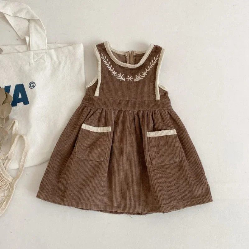 Vestido sem mangas de veludo vintage infantil, conjunto de duas peças, tops de manga comprida, vestido de verão das meninas, outono, inverno, 2024