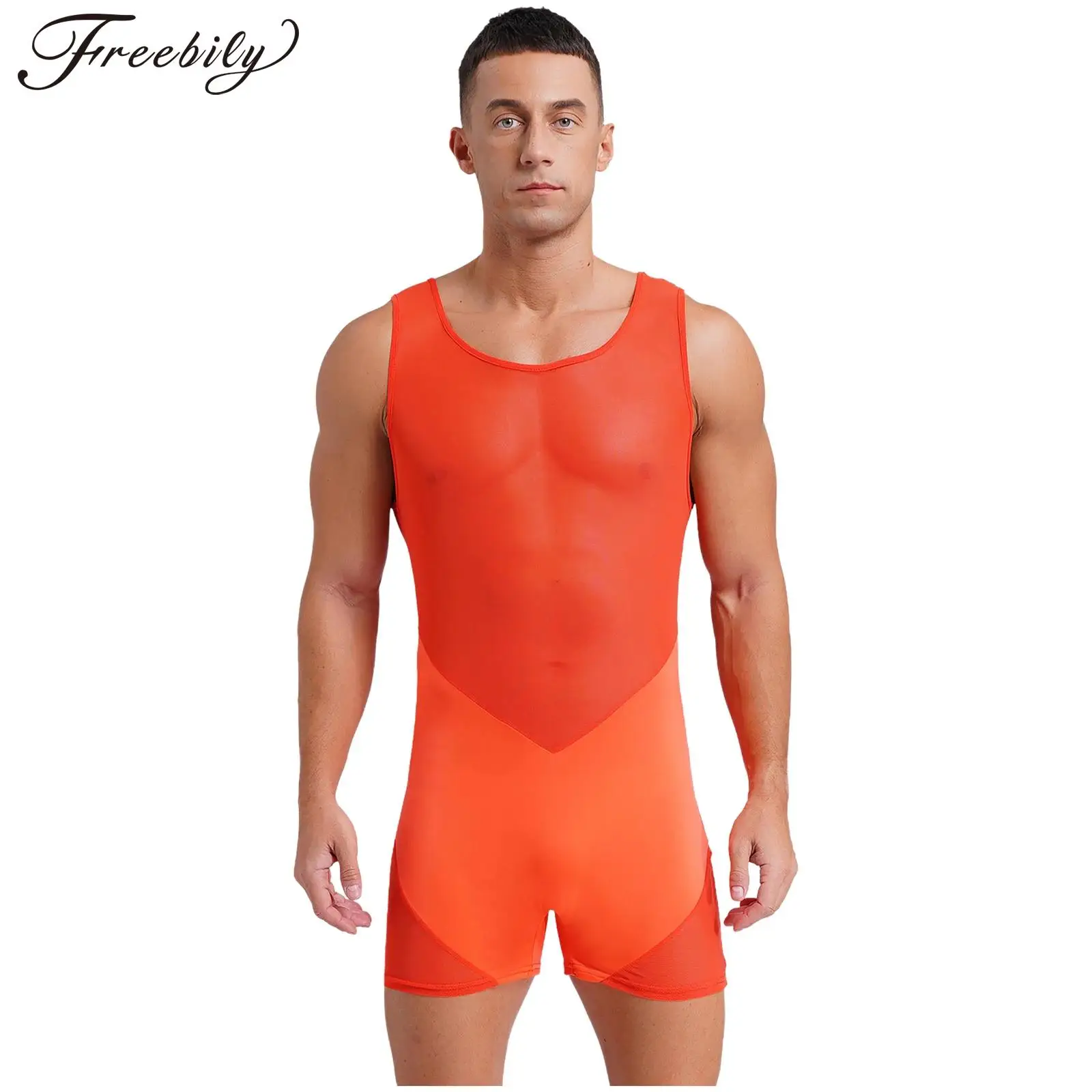 Sexy Men Undershirts Breathable Wrestling Bodysuit Sleeveless Mesh Rompers One Piece Jumpsuit for Sports Bodybuilding Fitness