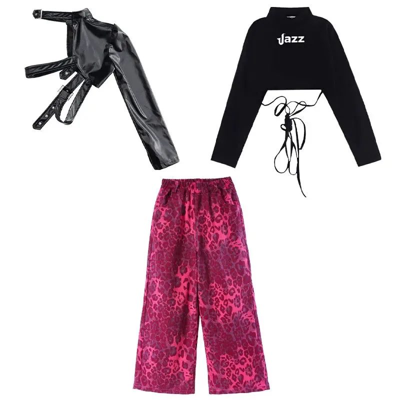 Ropa de actuación de baile de Jazz, trajes umbilicales, ropa de ensayo de pasarela para niñas, conjunto de pantalones cortos con estampado de leopardo rosa de 6 a 16 años