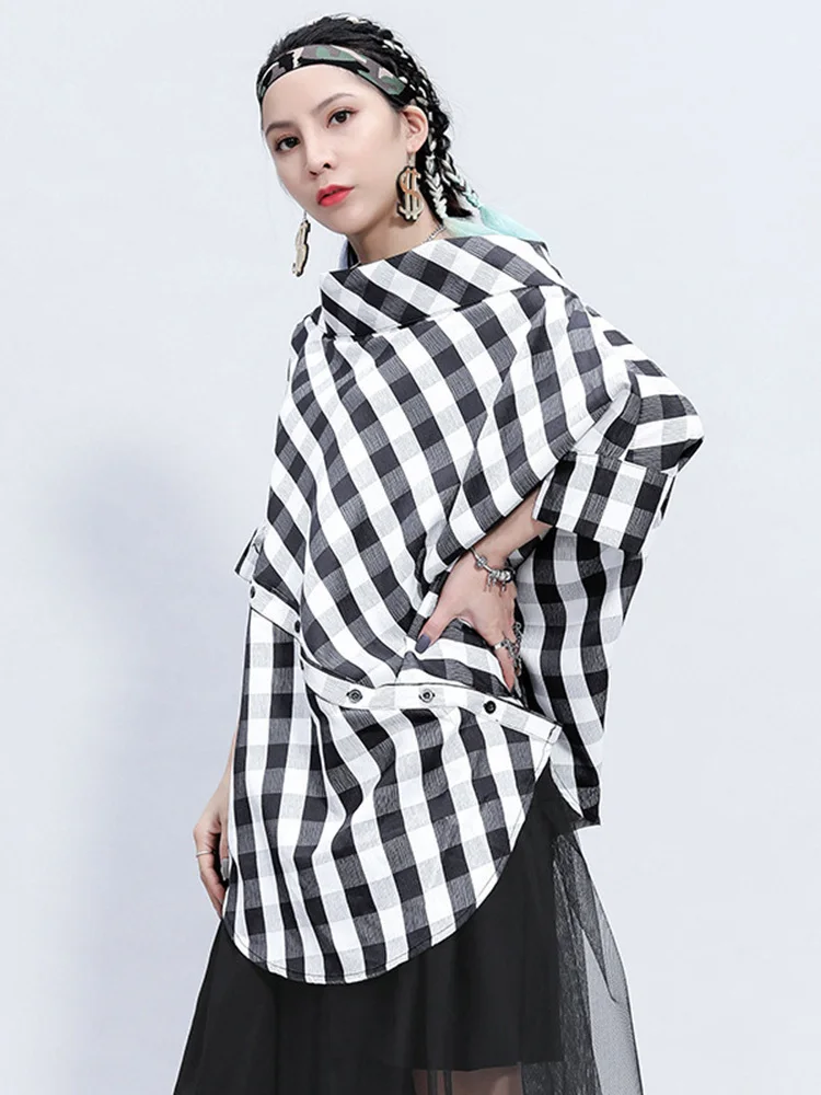 [EAM] Women Black Irregular Plaid Big Size Blouse New Slash Neck Batwing Sleeve Loose Shirt Fashion Spring Autumn 2024 1DF4744