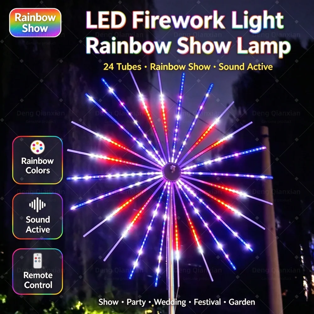 2026 New Year LED Firework Light, Double-Sided Glow, Music Sync, Waterproof, Remote Control, Square Garden Decor