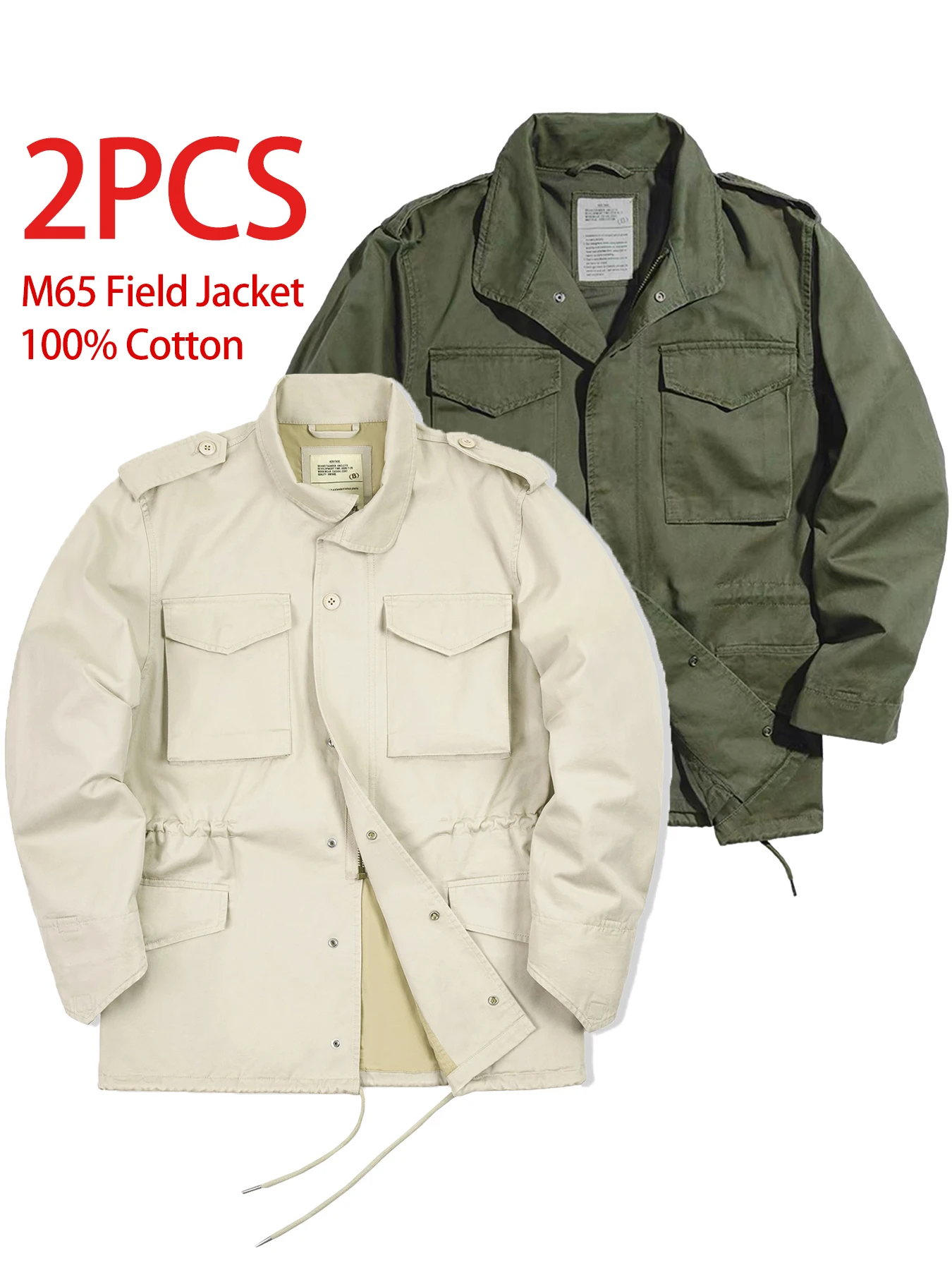 

2 шт., полевая куртка M65, мужская куртка в стиле ретро, винтажная однотонная повседневная куртка на молнии с несколькими карманами и лацканами, 100% хлопок
