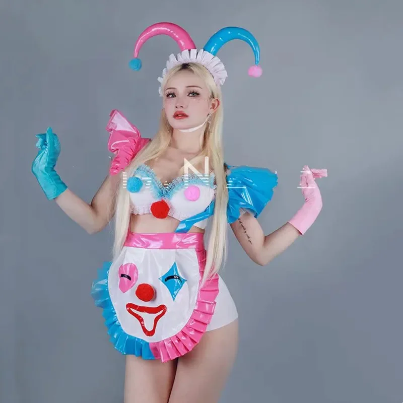 

Clown Cosplay Costume Maid Uniform Women Bar Nightclub Role Playing Stage Performance Clothes Pink Blue Tops Shorts Dance Outfit