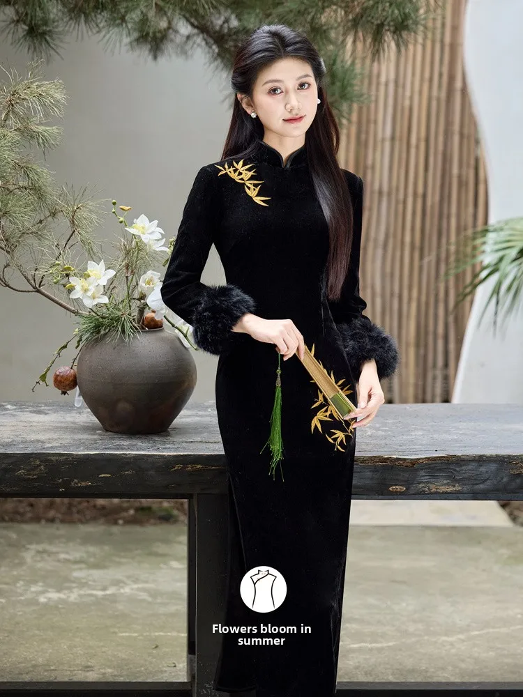 

Новое китайское зимнее модное винтажное длинное платье-ципао из черного бархата с эффектом объема