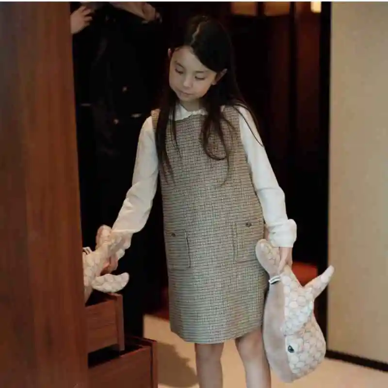 2025 Autumn BP Baby Girls Plaid Khaki Dress Vest Dresses for Birthday Girls Elegant Plaid Clothing