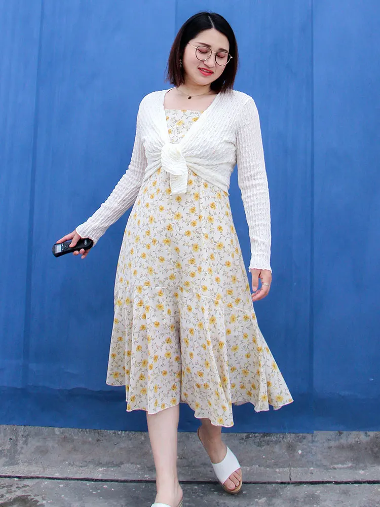 

plus Size Floral Print Sundr Set Women's Summer Slimming Outfit Korean Sle round Ne Svel Midi Dr Two-Piece Set