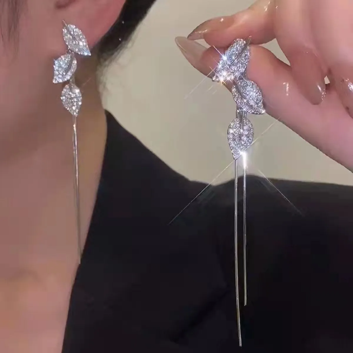 Pendientes largos de hojas de cristal de aguja de plata 925 para mujer, aretes colgantes de hadas, dos métodos de uso, 2023