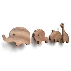 Walnut Oak Solid Wood Coat Hooks Cute Animal Children Room Decoration Wall Hook Key Holder Nordic Hanger Cat Dog Lion 4pcs/pack