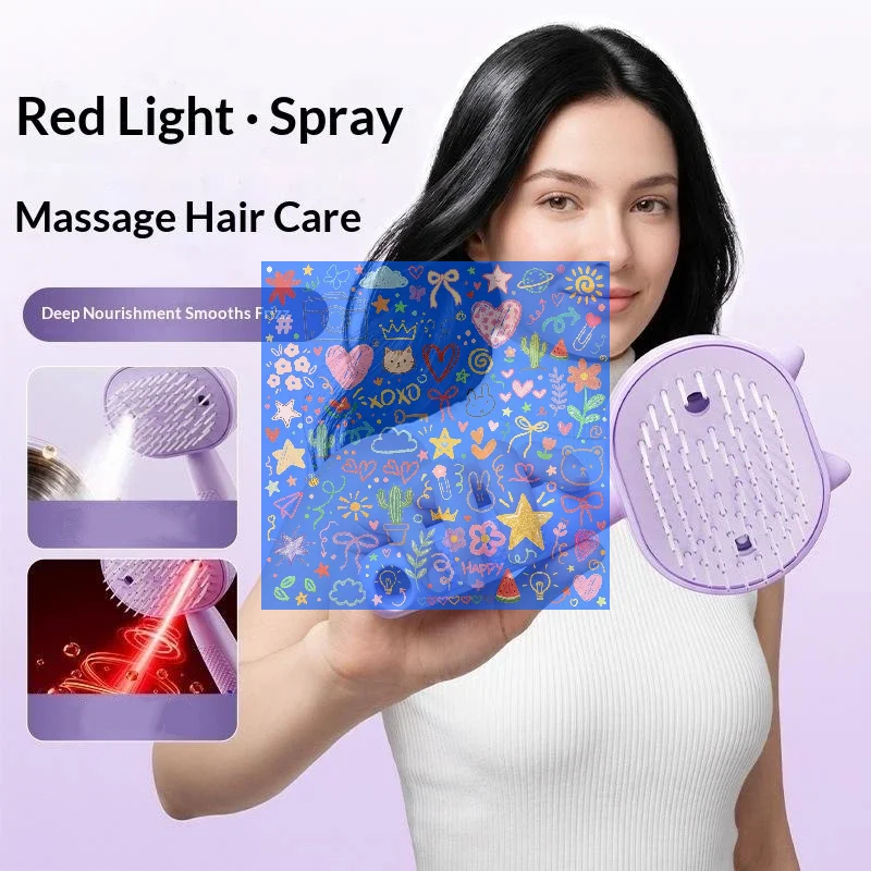 1Pcs Cute Cat Ear Electric Spray Hair Brush Red Light Hair Care Massage Essential Oil Mist For Daily Use And Travel