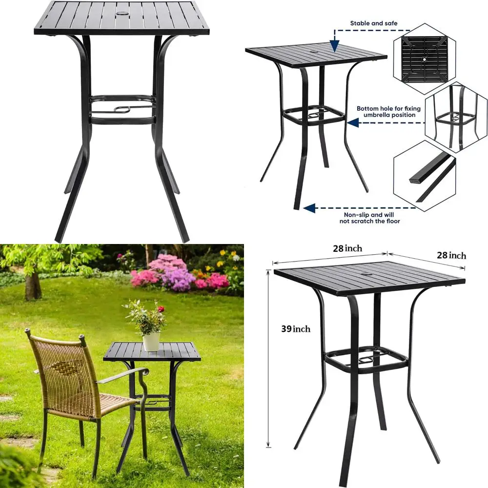 

outdoor metal bistro table with umbrella hole, 39" high, rust-resistant, weathered old craft finish
