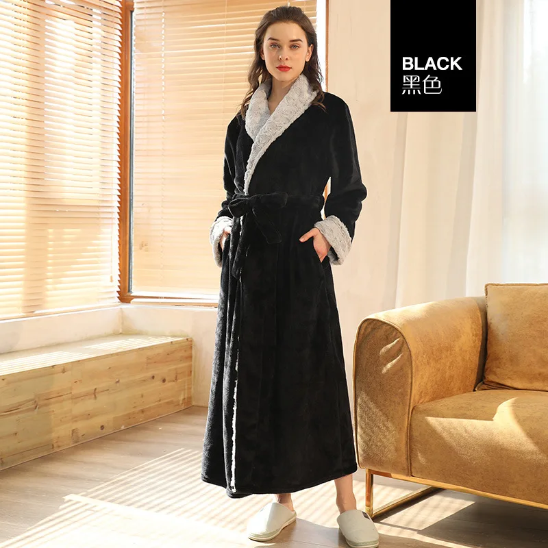 Fashion Casual Mens Bathrobes Flannel Robe V Neck Long Sleeve Couple Men Woman Robe Kimono Warm Male Bathrobe