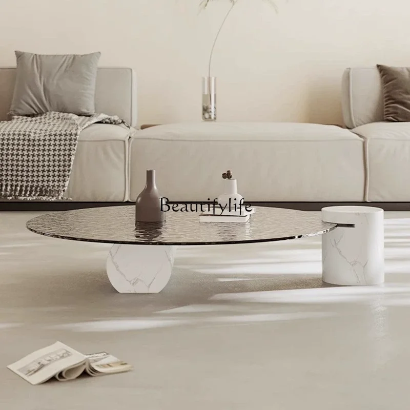 

Minimalist water corrugated glass coffee table Minimalist marble designer creative round short coffee table