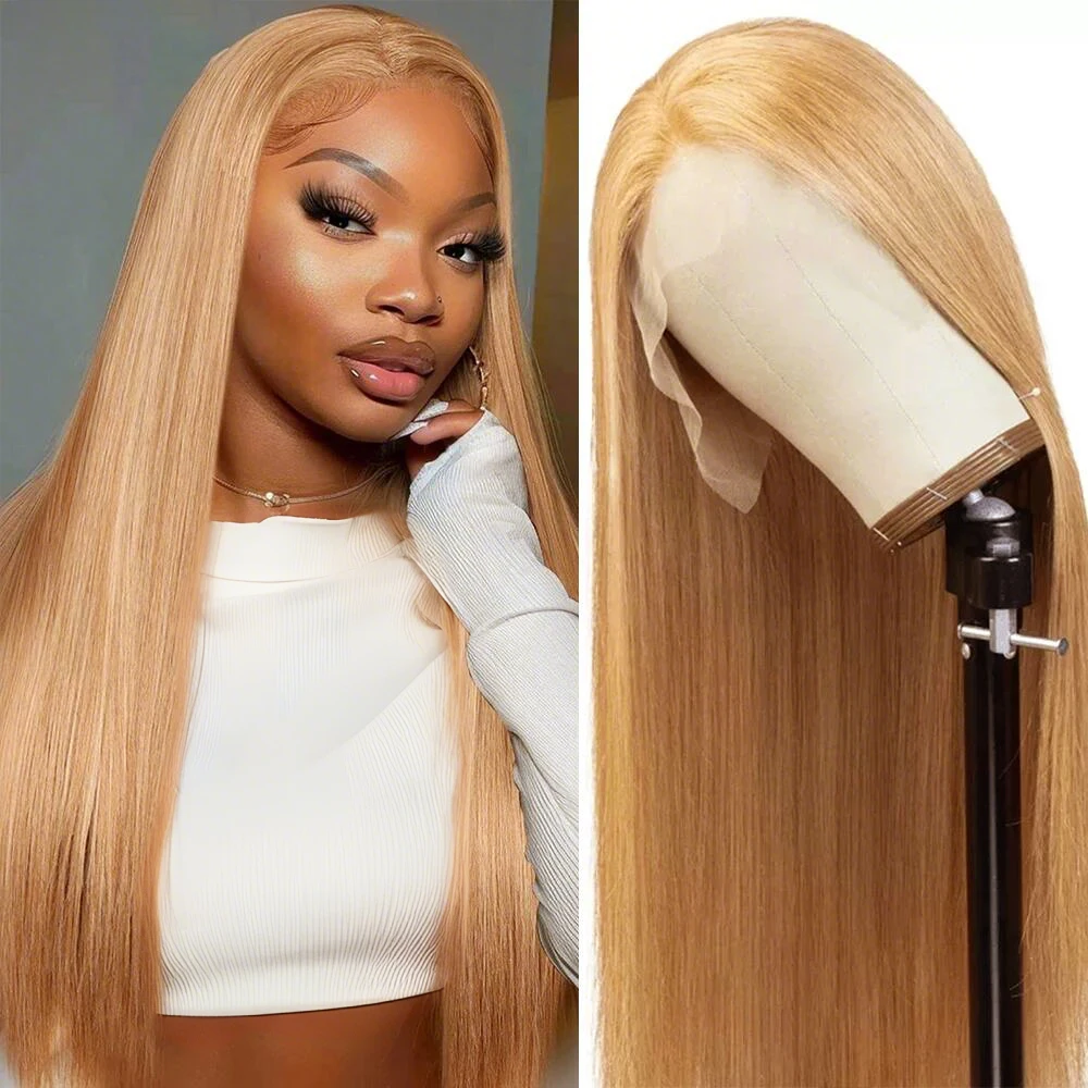 Honey Blonde Straight Wig 13x4 Transparent Lace Frontal Wig For Women Pre Plucked 27 Ombre Honey Blonde Straight Lace Front Wig