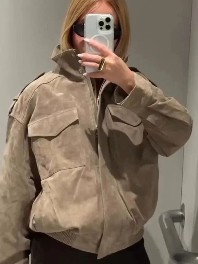 Módní semišová zipová zkrácená bunda pro ženy, pevný stojáček, plný rukáv, kapsa, volné bundy, podzim 2025, dámské dojíždějící oblečení - náhled 5