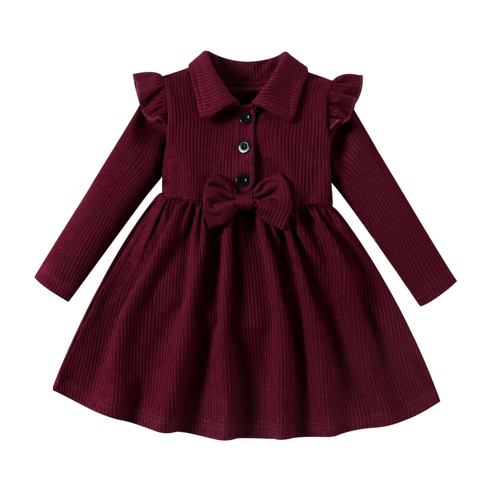 Toddler Girls Long Sleeve Dress 2024 New Autumn Solid Color Casual Dress Winter Clothes Lapel Button Bowknot Princess Dresses