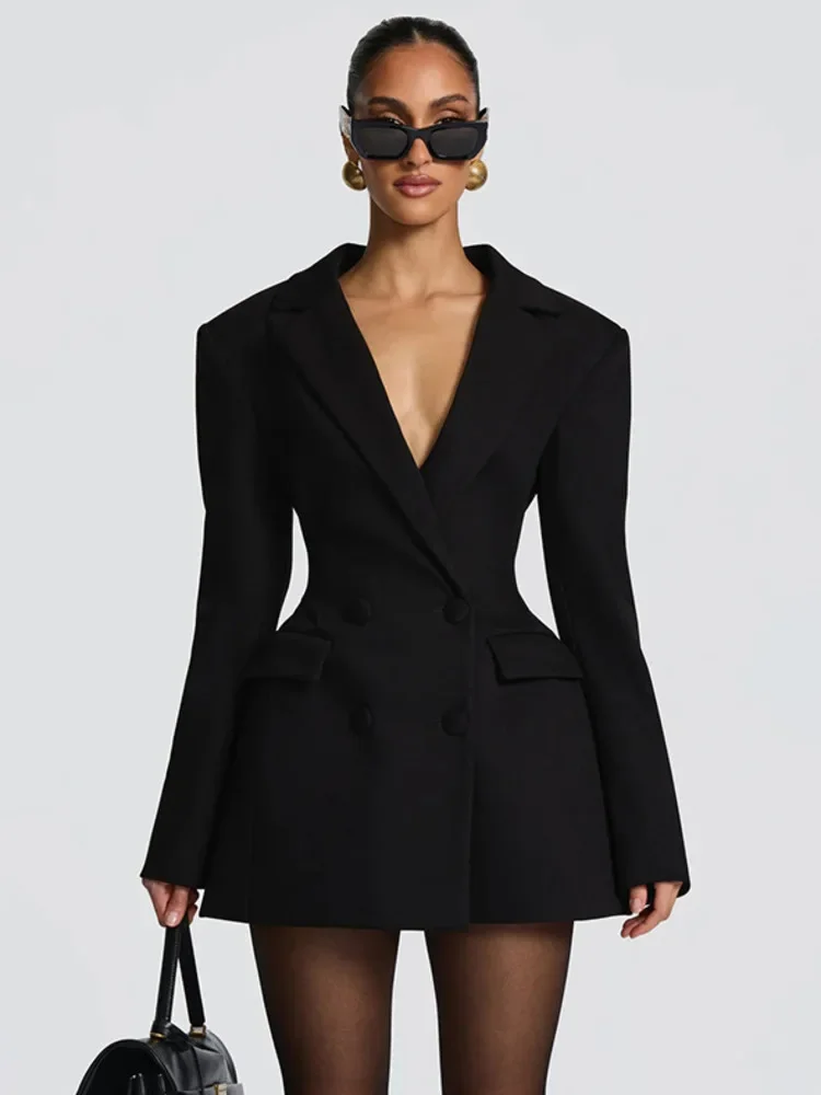 Femmes col en V profond à manches longues Sexy Mini robe Blazer élégant Double boutonnage taille haute Club fête Blazers robe
