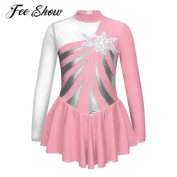 Kids Girls Shiny Rhinestone Gymnastics Leotards Ice Skating Dress Dance Wear Long Sleeve Floral Sequins Hollow Back Dance Dress