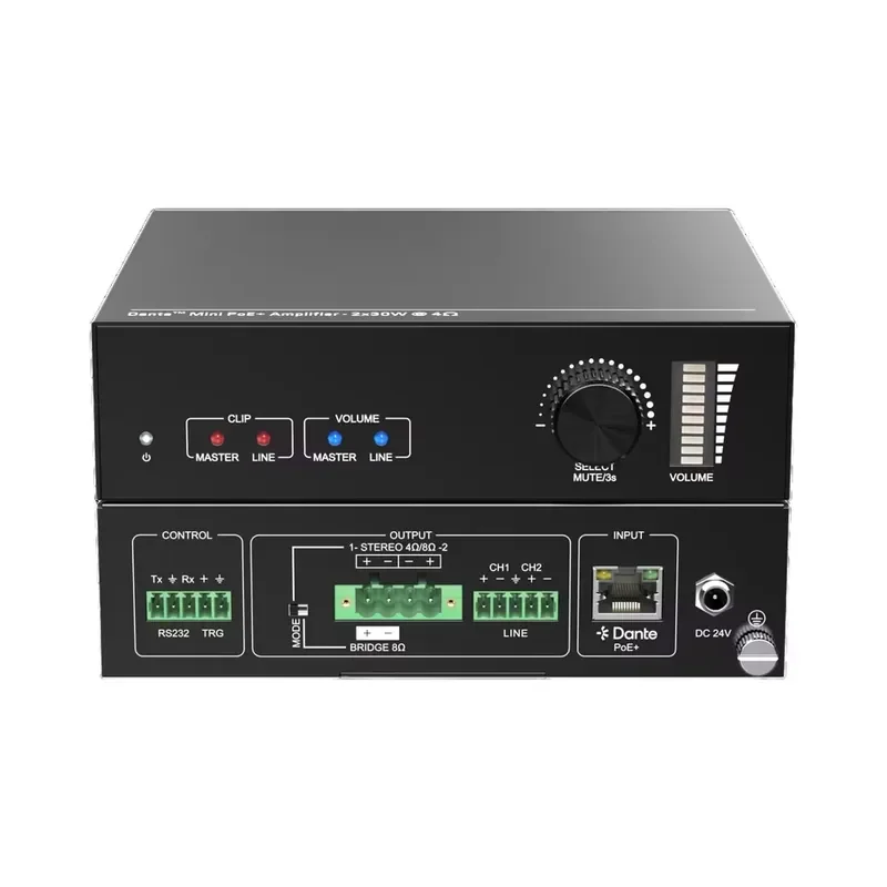 Mini 2 Channel 2x30W Stereo Analog Black Portable Metal Amplifier with RCA Output 24V DC PoE