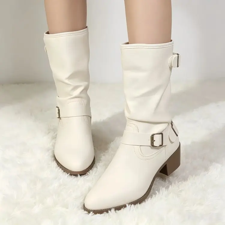 Weiße Westernstiefel mit Mehrfach-Schnallen, Rundem Zehenbereich und Blockabsatz für Damen – Detail 4
