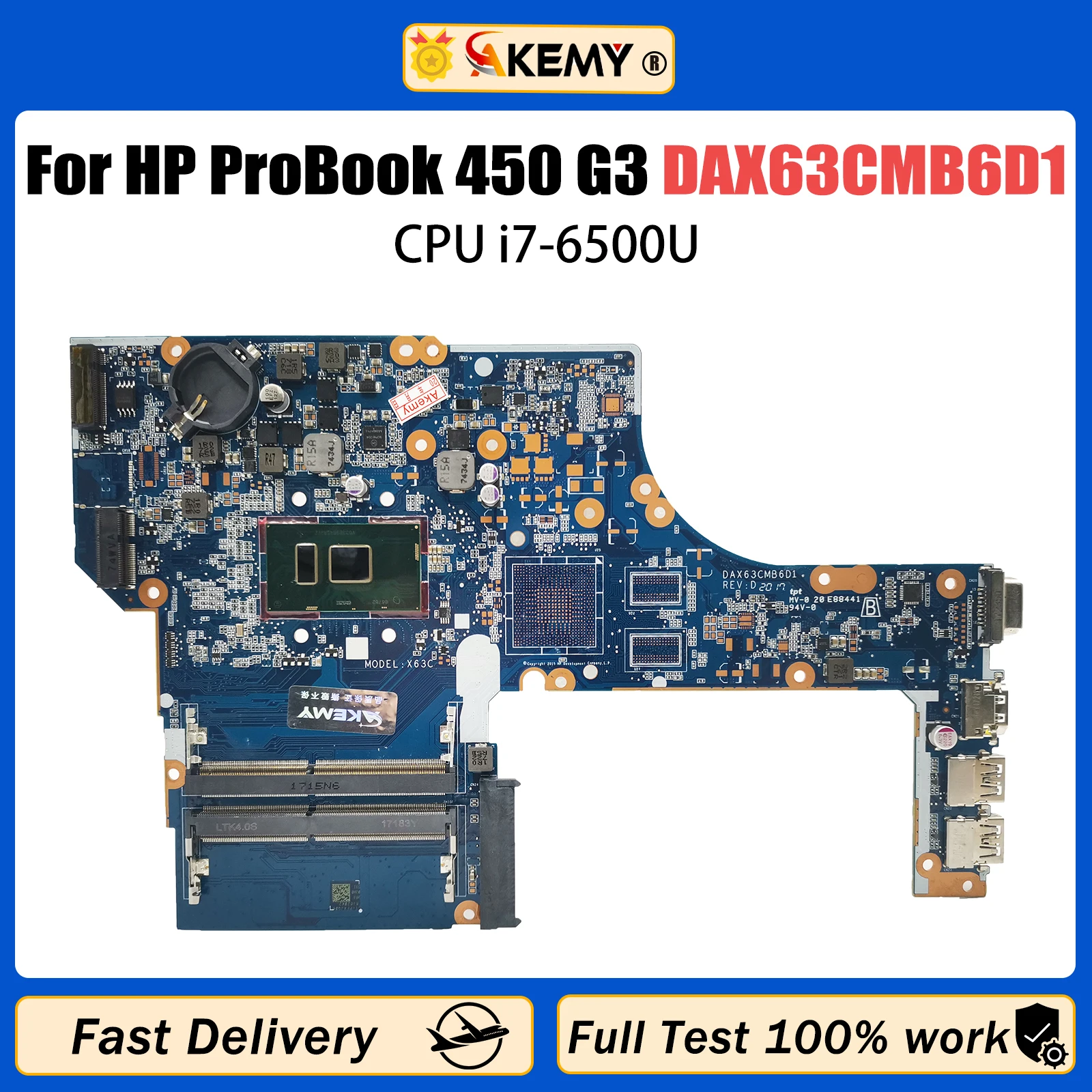 AKEMY Para HP ProBook 450 G3 470 G3 Placa-mãe portátil DAX63CMB6D1 DAX63CMB6C0 Com i7-6500U CPU DDR4 855672-601