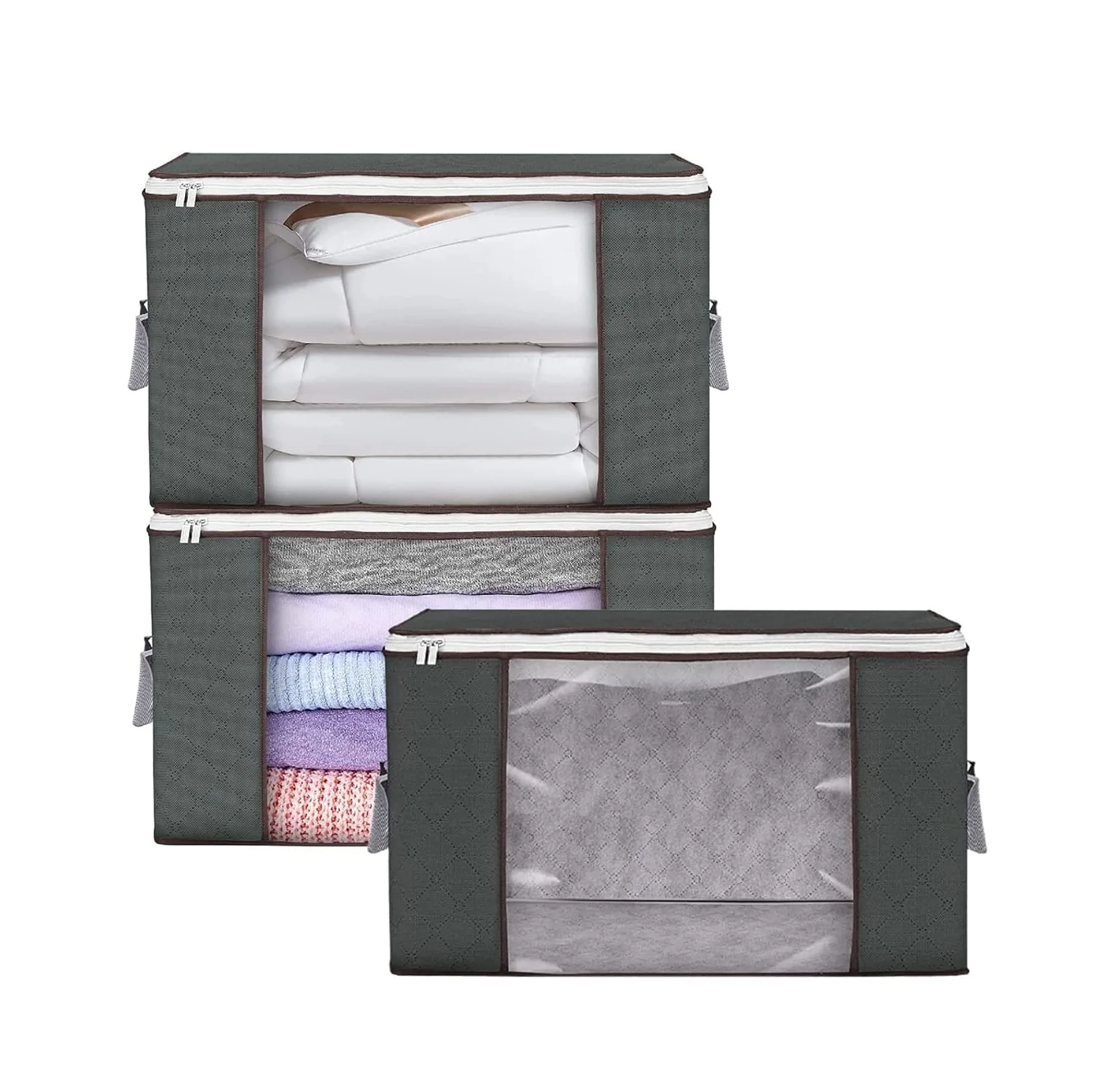 3Pcs Large Capacity Clothes Storage Bags, Foldable Space Saver with Clear Window Carry Handles, 60x43x35cm, Grey,Home,Bedroom