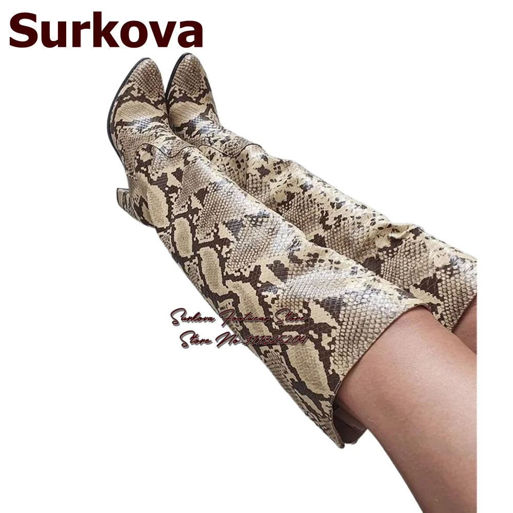 Surkova Sexy Beige Snakeskin Chunky Heel Knee Boots Lady Python Printed Elastic Band Tall Boots Fall Winter Folded Dress Shoes