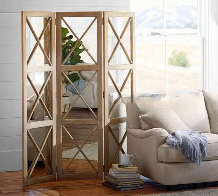 Modern simple solid wood screen partition double mirror screen floor glass screen living room decorative