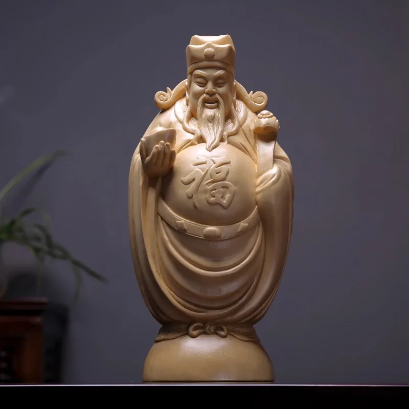 Large Hand-Carved Wood Caishen God of Wealth Statue, Home Temple Blessing Collectible Ornament