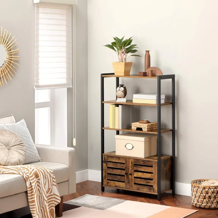 LOWELL Bookshelf, Storage Cabinet with 3 Shelves and 2 Louvered Doors, Industrial Bookcase in Living Room, Study, Bedroom