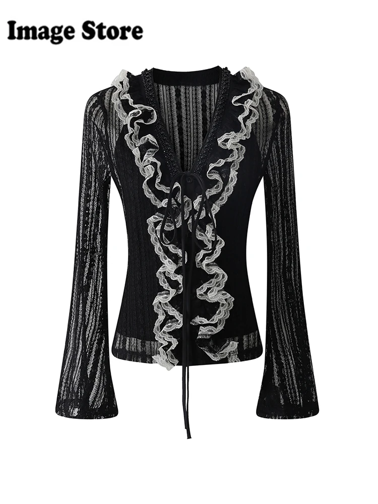 Spring Women Gyaru Dark Academia Cardigan Crochet Top 2000s Aesthetic T-Shirt Long Sleeve Y2k Tees Coquette Shoujo Hollow Out