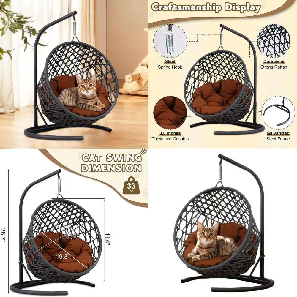 

Коричневое подвесное кресло-кокон в стиле ротанга с подставкой и подушкой для кошек, собак и мелких животных