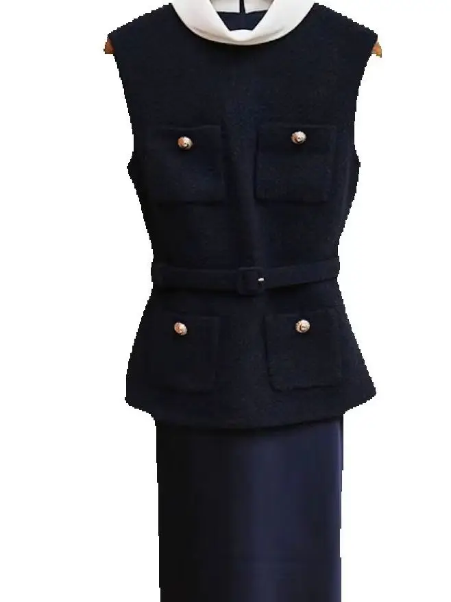 

Spring/Fall Women Stand Collar Sleeveless Tweed Belt Maxi Dress Single Breasted Pocket High Waist A-line Pleated Dress ﻿