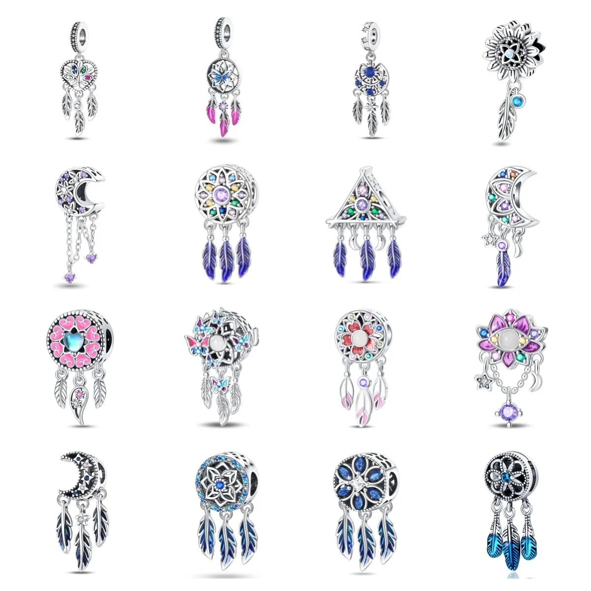 S925 sterling silver color dream catcher moon star bead pendant suitable for women's fashion anniversary jewelry gift