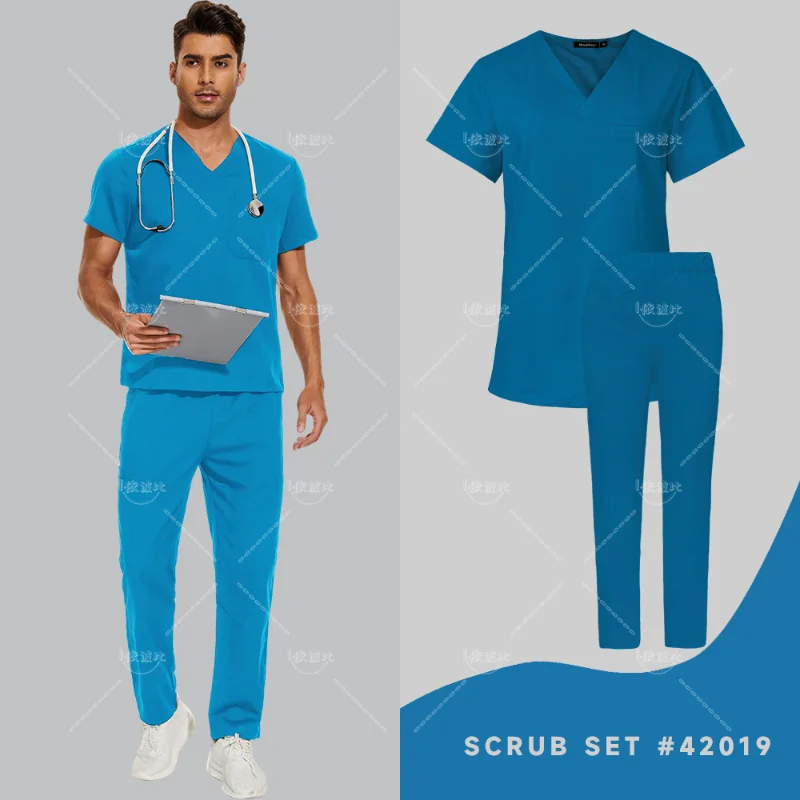 Mens Short Sleeve Scrub Tops Medical Pants Nurse Uniform Dentist Overalls Doctor T-Shirt Trousers Clinic Beauty Salon Work Sets