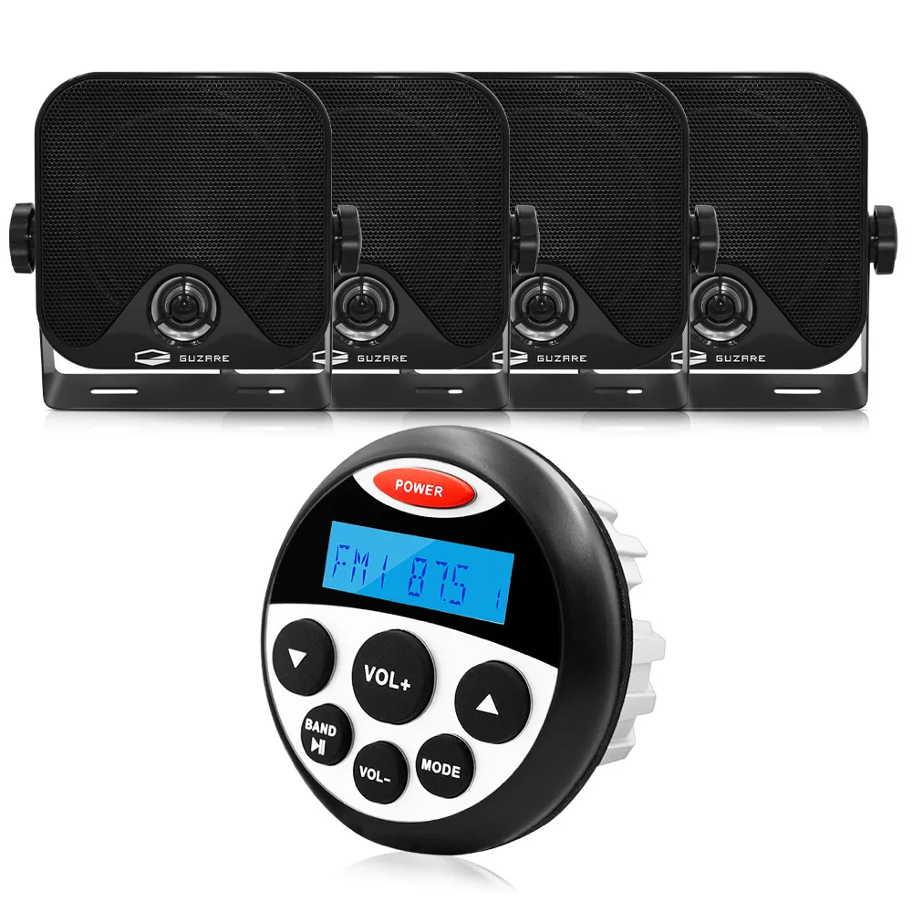 

Waterproof BT Radio Marine Stereo FM AM Digital Media Audio Player+2 Pairs 4 inch Stereo Speakers For ATV UTV Golf Cart Tractor
