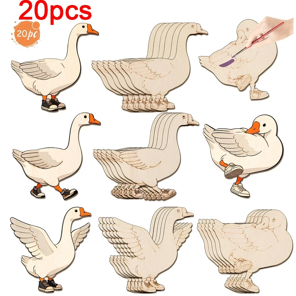 20pcs Unfinished Wooden Craft Set 4-Types Goose Ornaments Wooden Craft Kit for Wooden Ornaments,DIY Craft Painting Home Decor