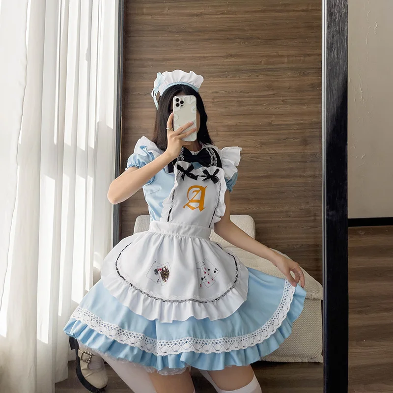 Niebieskie alicja karty do gry Lolita stroje pokojówki Cosplay dla dziewczynek kobieta kelnerka Alice pokerowa pokojówka kostium sceniczny