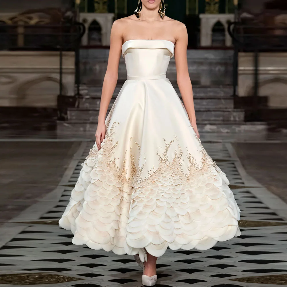 

Customized Ankle Length Prom Dresses Ruffles فساتين سهرة Strapless A Line Ivory vestidos de fiesta with Beaded