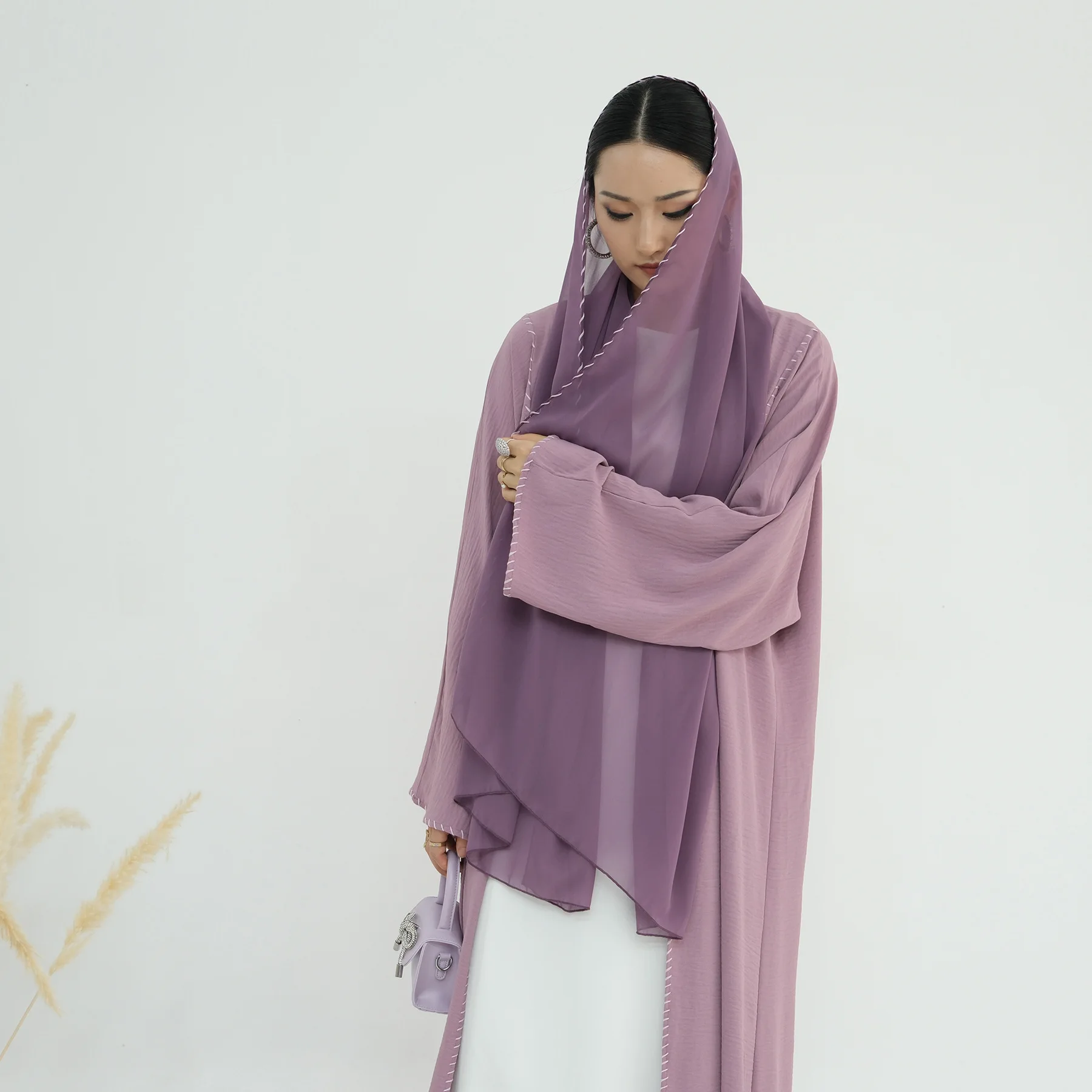 

Новая женская арабская абайя с длинными рукавами, свободного кроя, элегантная, с платком в комплекте, в стиле открытое кимоно, скромная исламская одежда