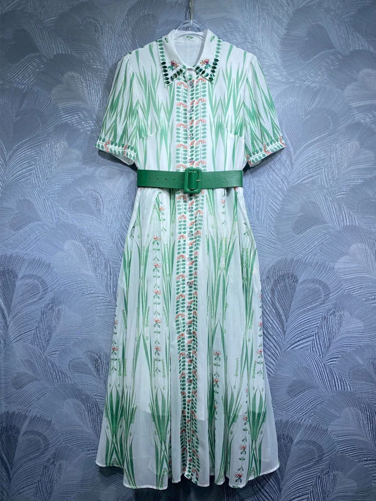 

SEQINYY Elegant Shirt Dress Green Summer Spring New Fashion Design Women Runway High Street Vintage Flower Print Beading Belt