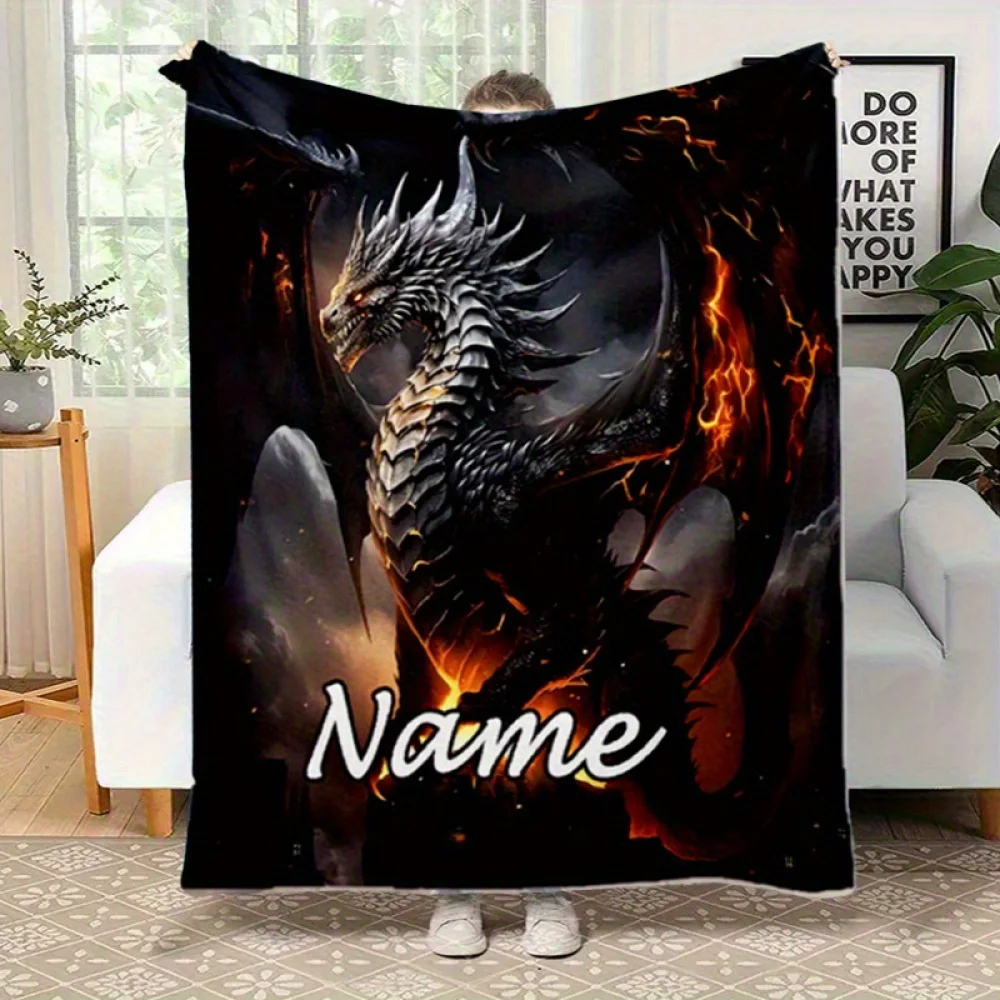 1Pc Custom Name Fantasy Dragon Blanket, Soft Warm Flannel Throw for Bed, Sofa, Office, Perfect Gift for Christmas, Birthdays