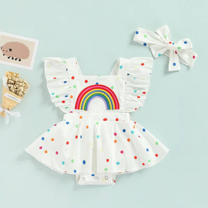 

Summer Baby Girls Summer Romper Dress Cute Rainbow Dots Pattern Ruffle Sleeve Cross Back Bodysuit