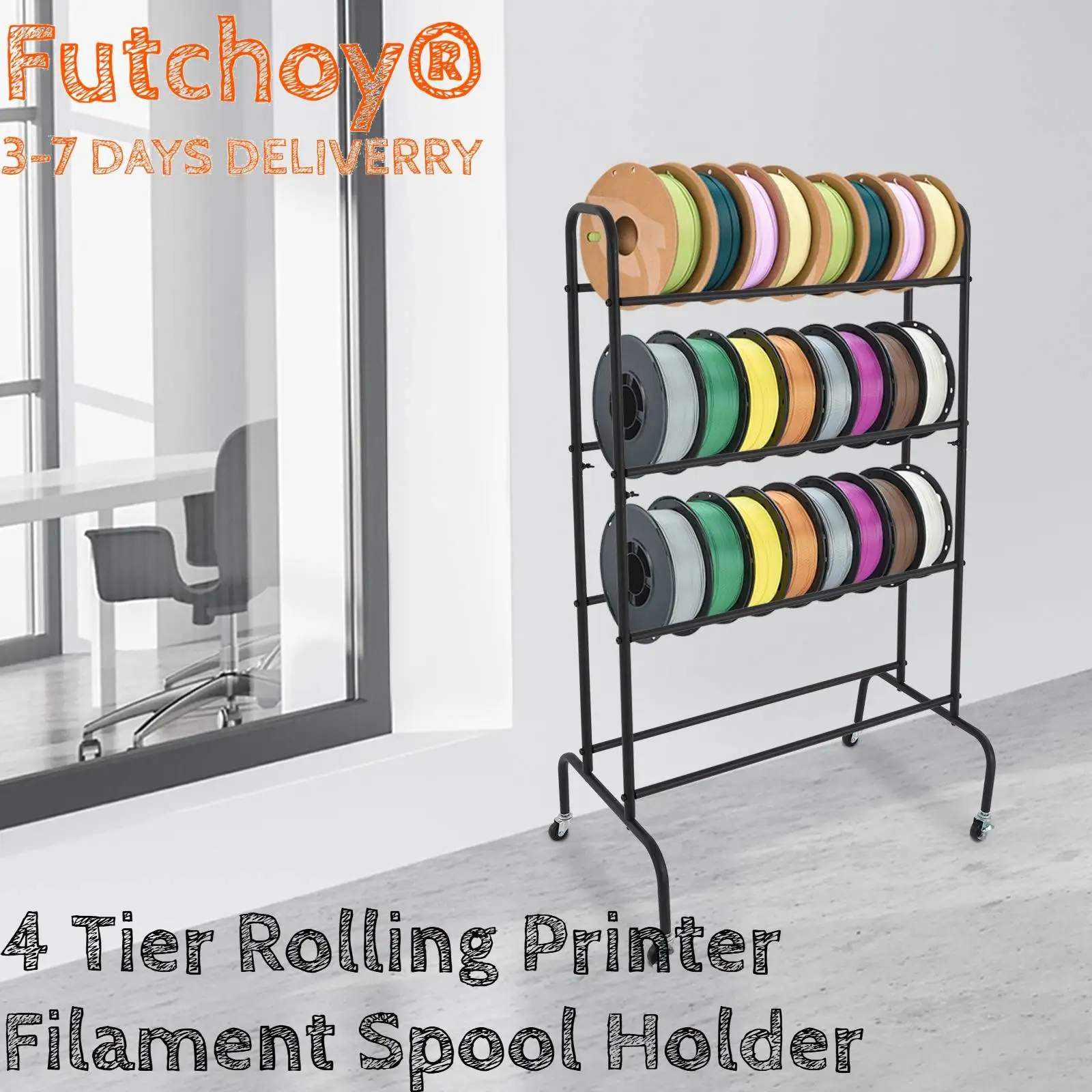 

4 Tier Rolling Filament Spool Organize Rack Printer Storage Holder with Wheels for 3D printing studios, offices, workshops area