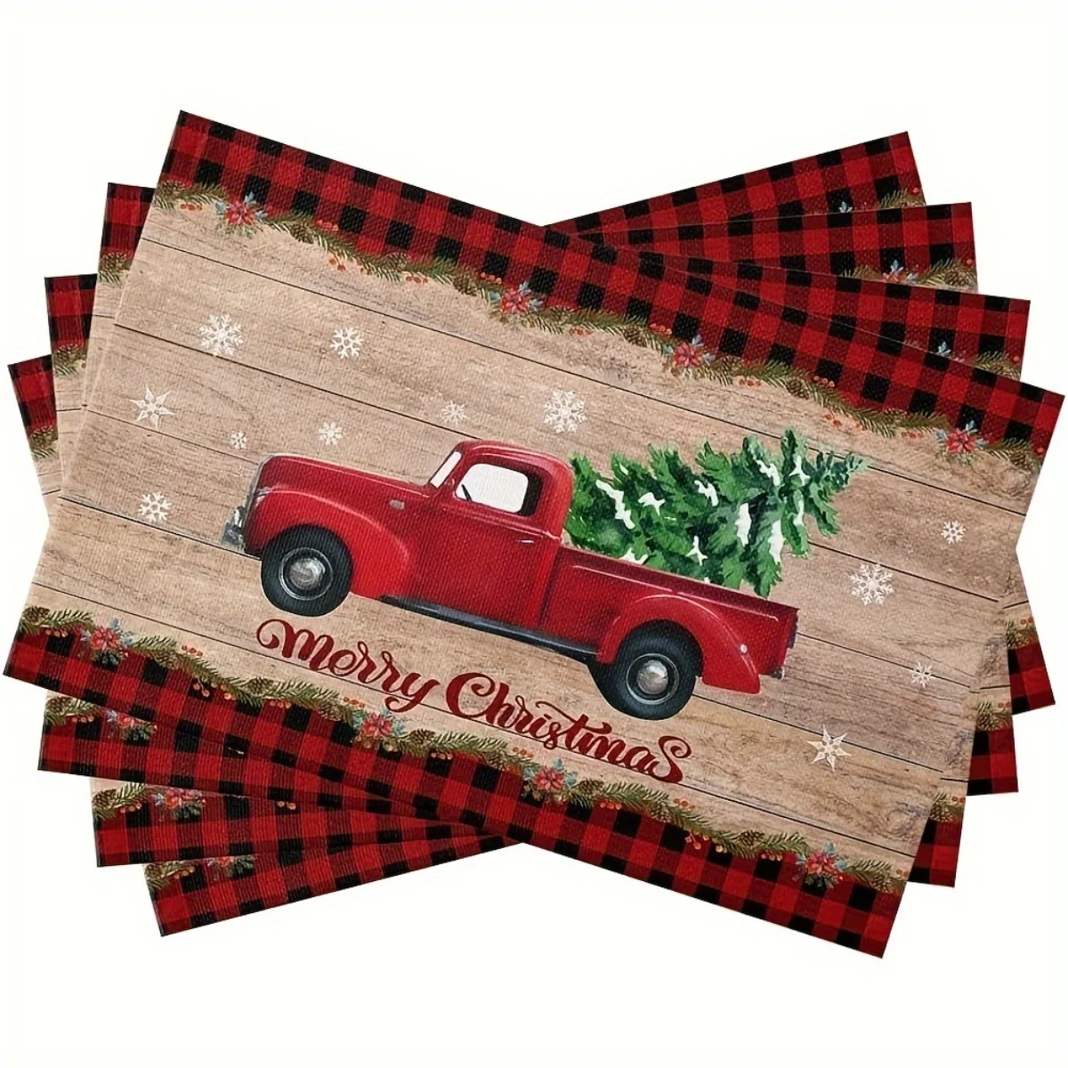 A Set of 4 Christmas Placemats Depicting a Vintage Red Truck with a Christmas Tree Designed with Wood Grain Patterns